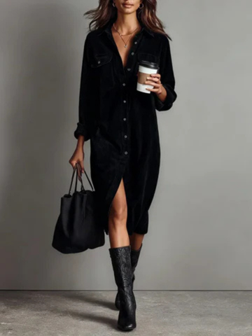 Sutton | Women's Velvet Collared Button-Down Chest Pocket Dress