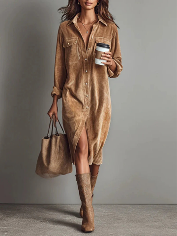 Sutton | Women's Velvet Collared Button-Down Chest Pocket Dress