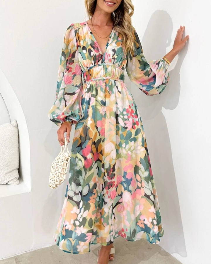 Violette | Women's Chiffon Floral Puff Sleeve V-Neck Midi Dress