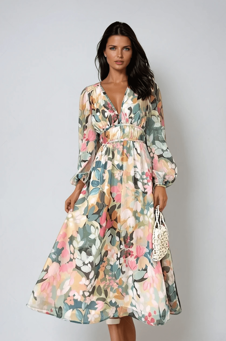 Violette | Women's Chiffon Floral Puff Sleeve V-Neck Midi Dress