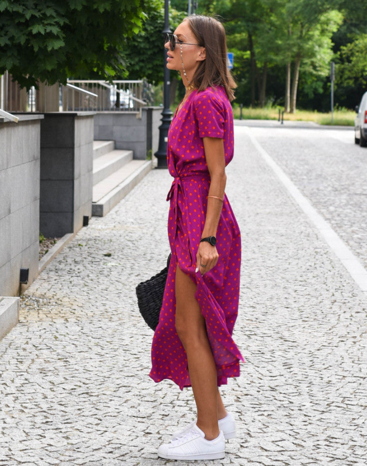 Vivienne | Women's Cotton Floral Wrap V-Neck Tie-Waist Midi Dress