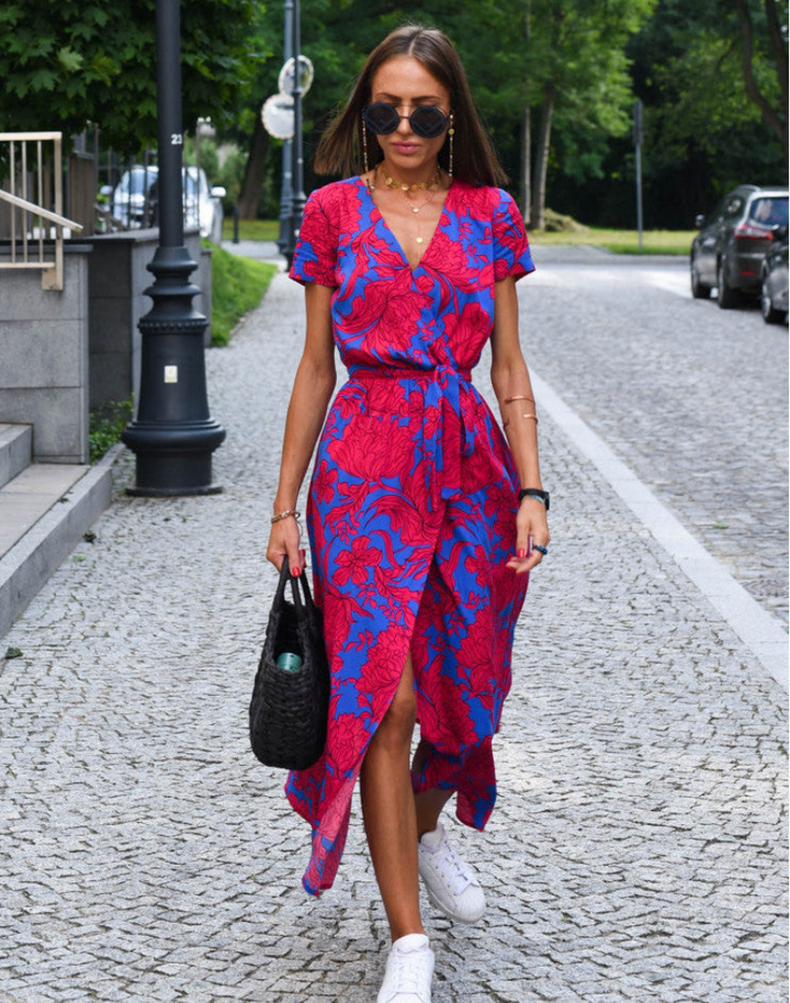 Vivienne | Women's Cotton Floral Wrap V-Neck Tie-Waist Midi Dress