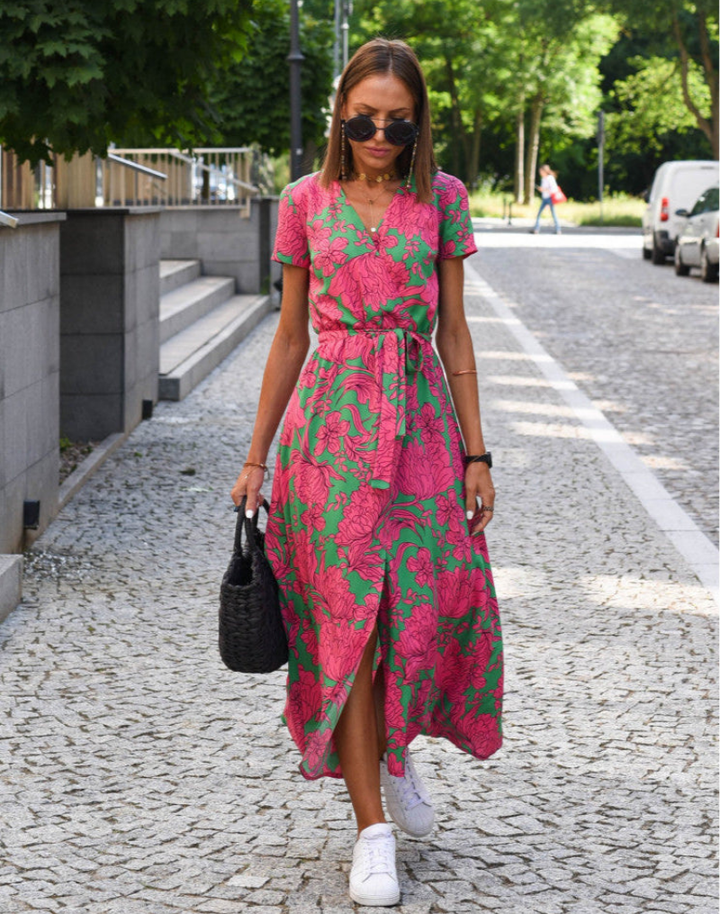 Vivienne | Women's Cotton Floral Wrap V-Neck Tie-Waist Midi Dress