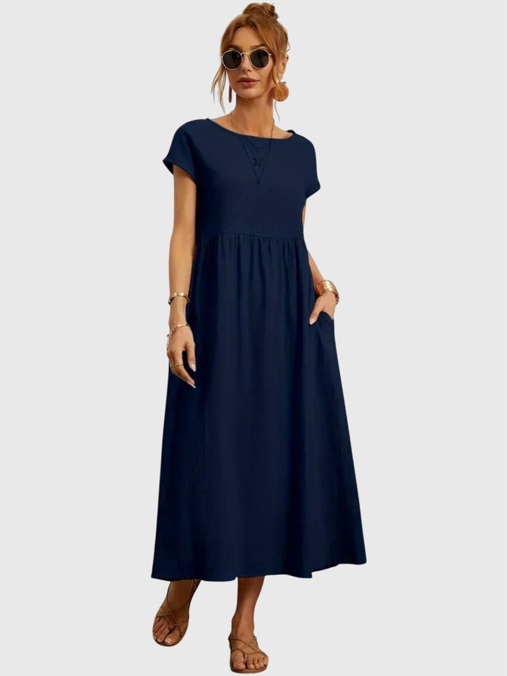 Waverly | Women's Linen Round Neck Gathered Waist Midi Dress