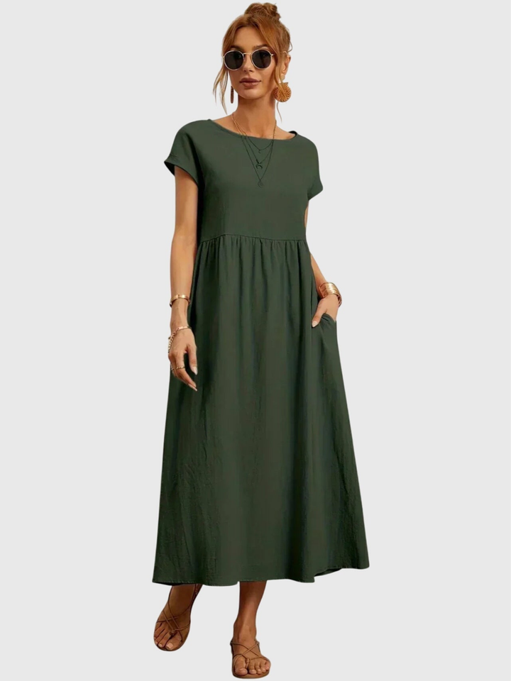 Waverly | Women's Linen Round Neck Gathered Waist Midi Dress