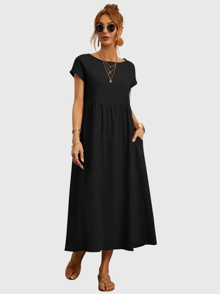 Waverly | Women's Linen Round Neck Gathered Waist Midi Dress