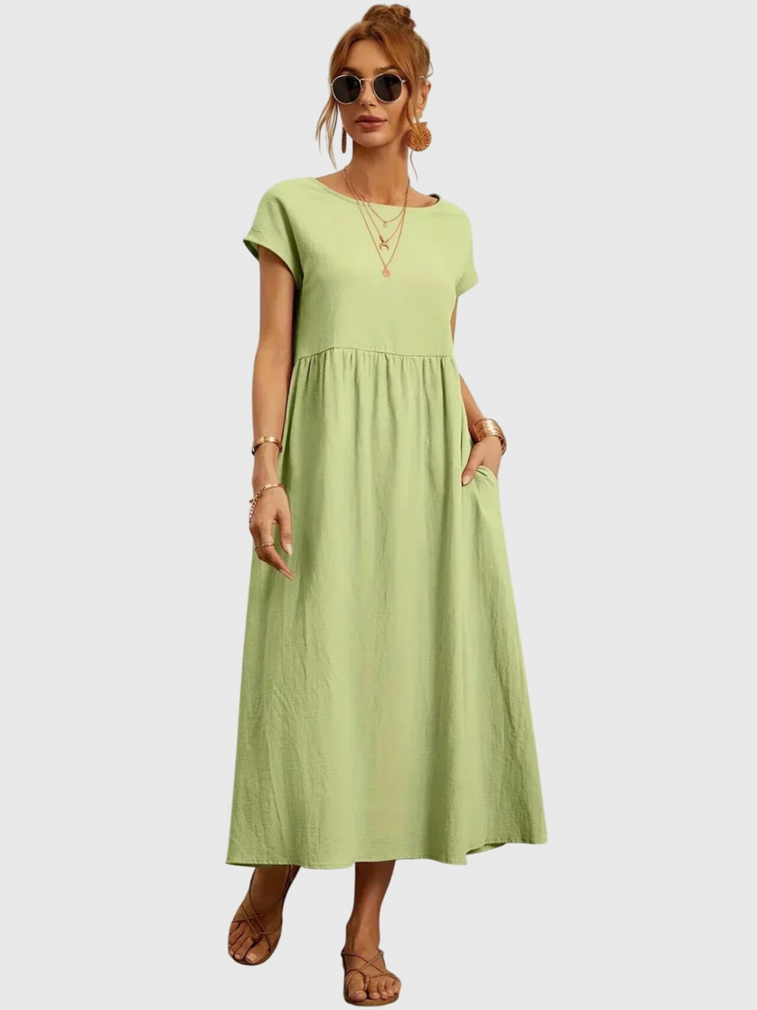 Waverly | Women's Linen Round Neck Gathered Waist Midi Dress