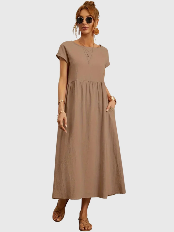 Waverly | Women's Linen Round Neck Gathered Waist Midi Dress