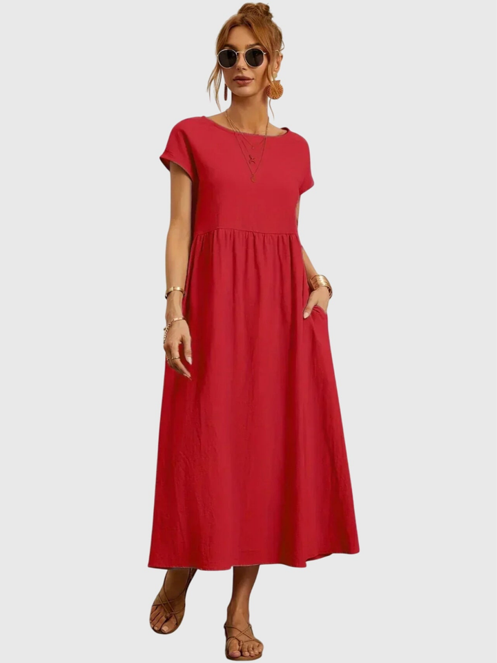 Waverly | Women's Linen Round Neck Gathered Waist Midi Dress