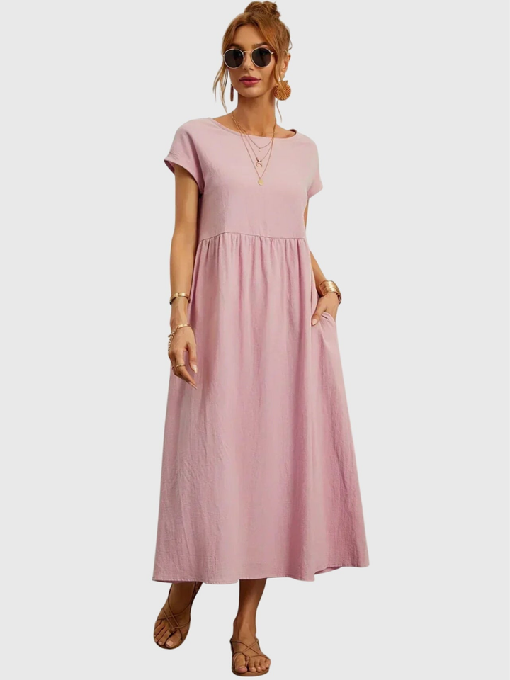 Waverly | Women's Linen Round Neck Gathered Waist Midi Dress