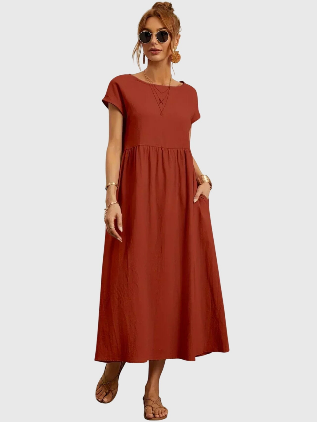 Waverly | Women's Linen Round Neck Gathered Waist Midi Dress