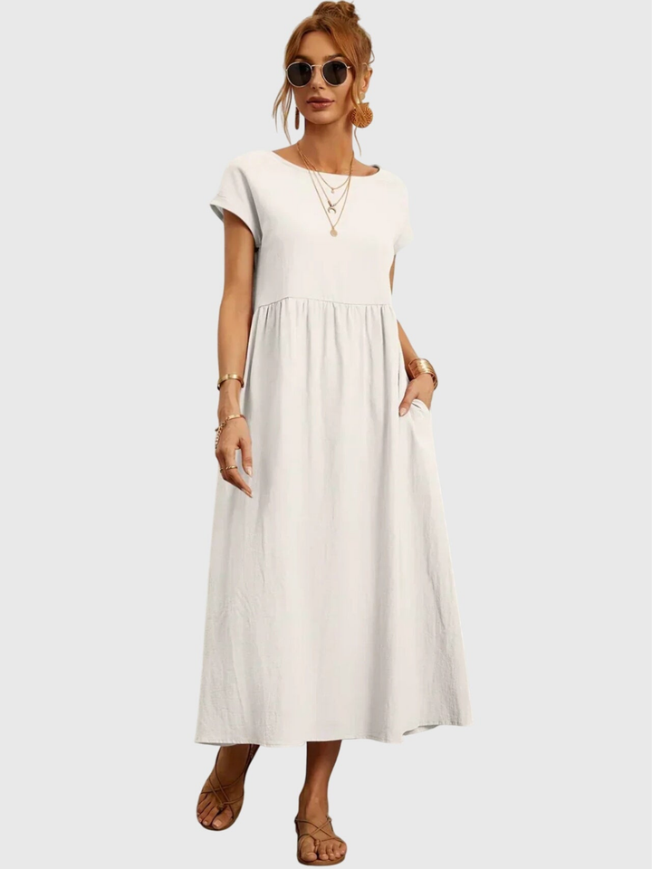 Waverly | Women's Linen Round Neck Gathered Waist Midi Dress