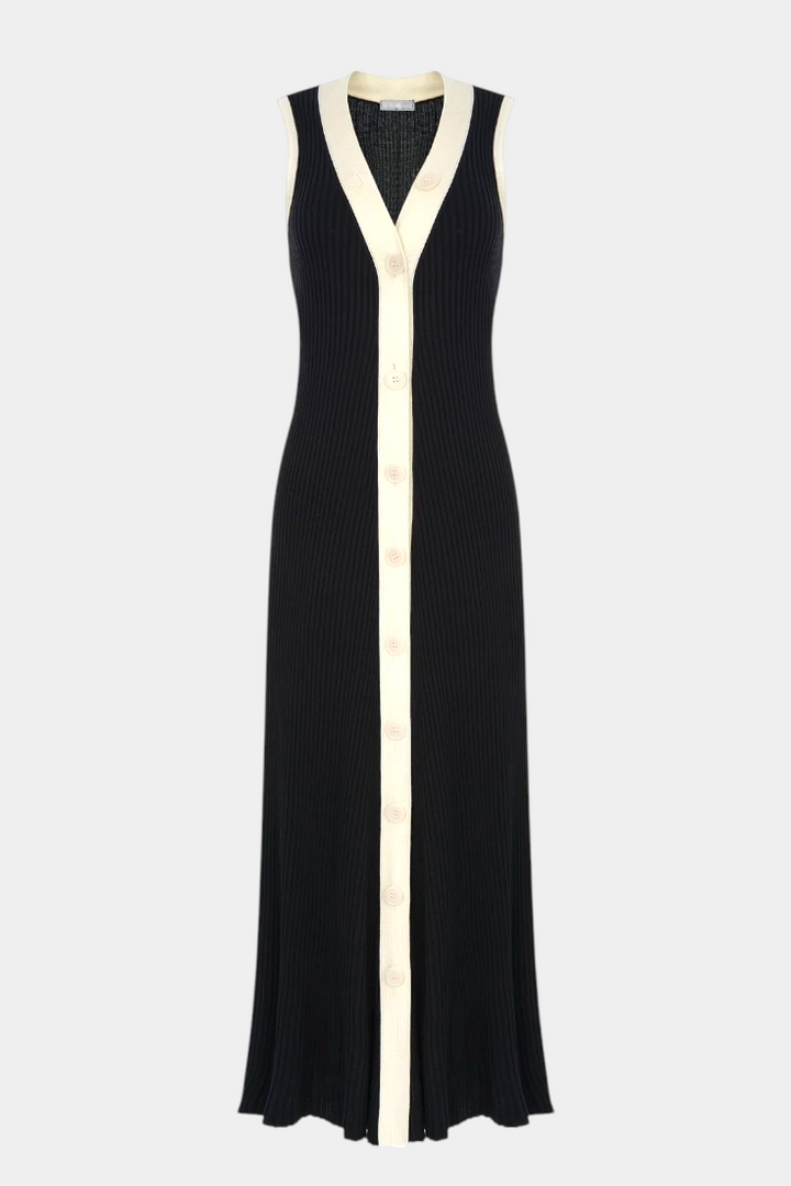 Brielle V-Neck Long Ribbed Dress with Contrast Button Detail