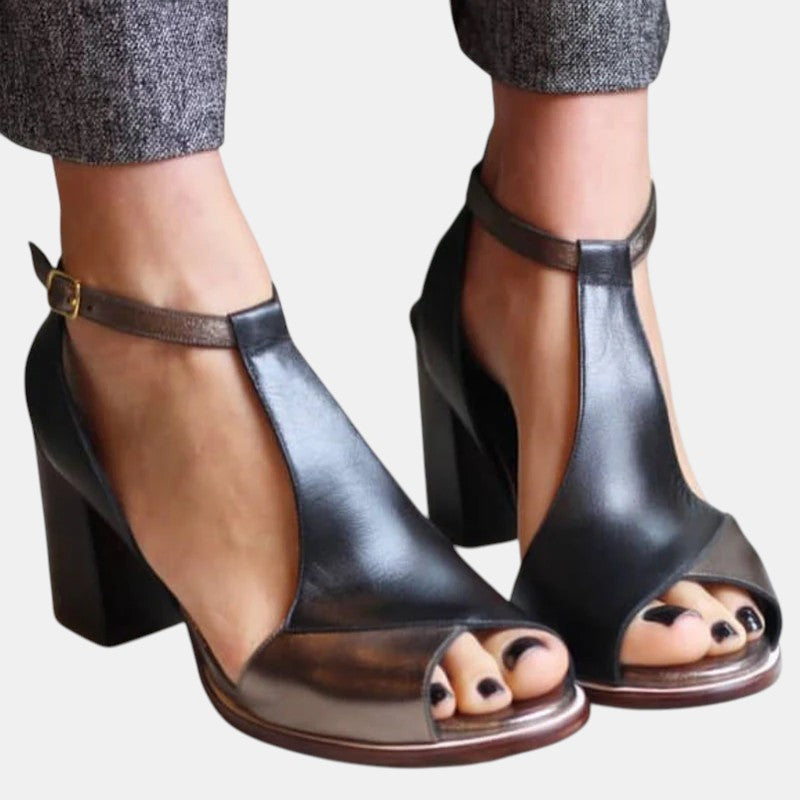 Nadaria | Black Patchwork Peep Toe Heels