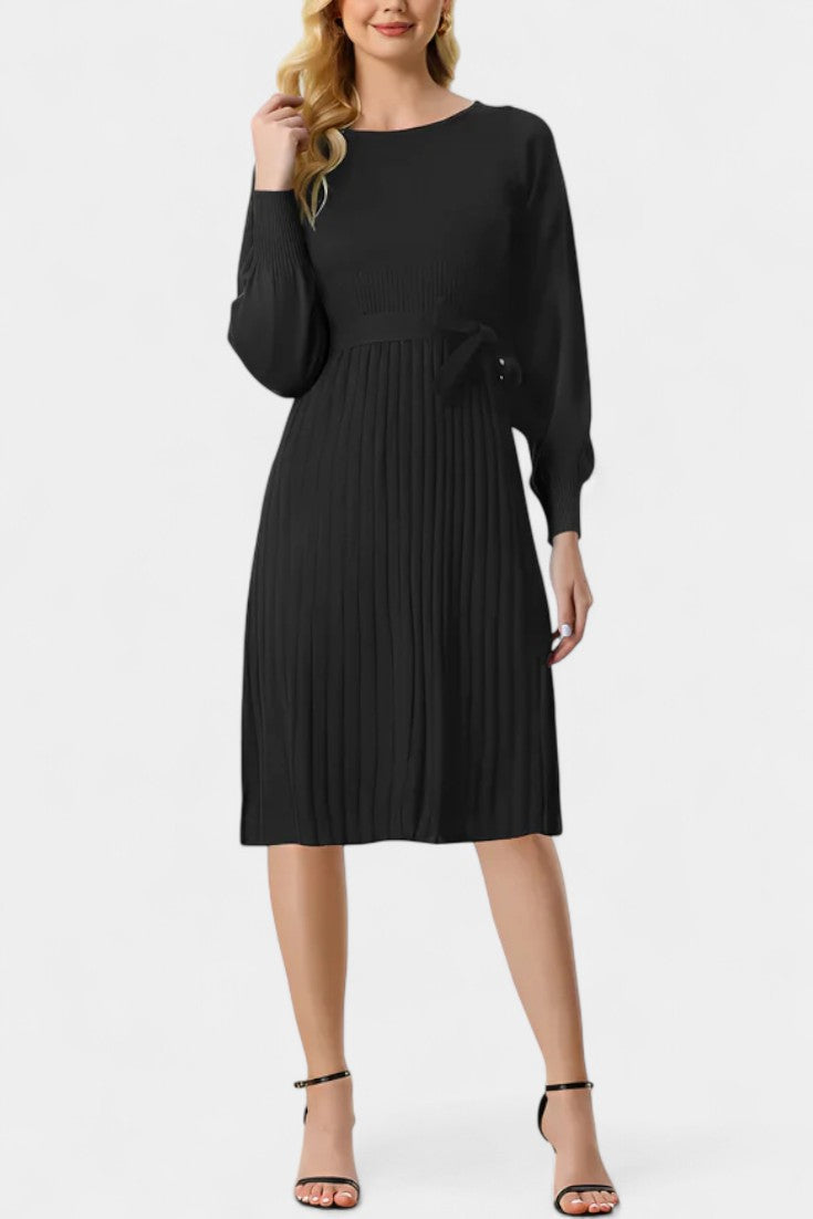 Chloéria Belted Midi Dress with Pleated Design and Ribbed Knit