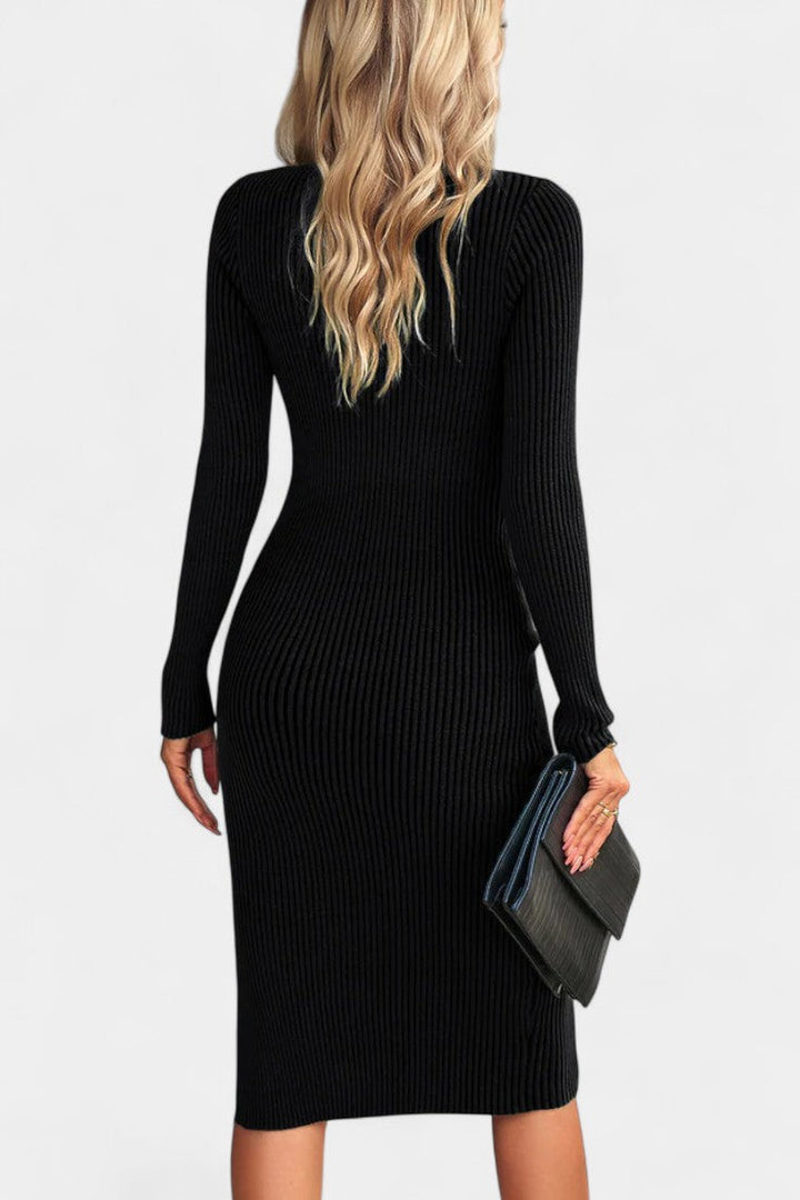 Élarine Fitted Midi Dress with Ribbed Texture and Side Slit