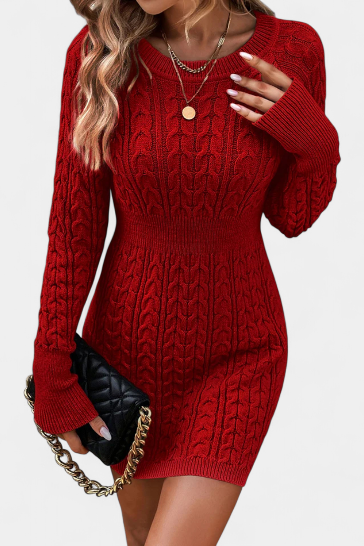Valérie Twisted Knit Fitted Dress with Round Neck