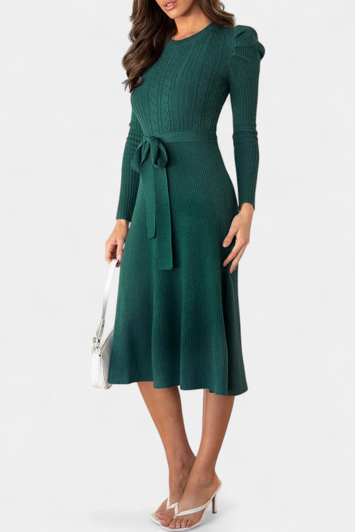Évoria Puff Sleeve Midi Knit Dress with Lace Accents