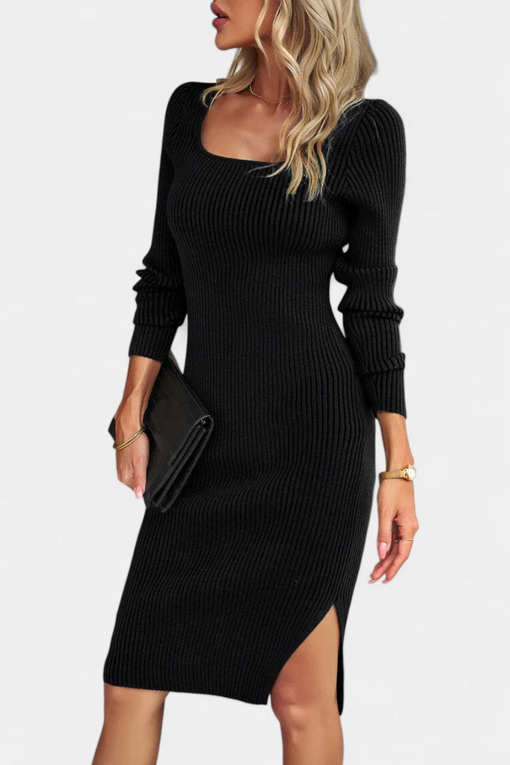 Élarine Fitted Midi Dress with Ribbed Texture and Side Slit