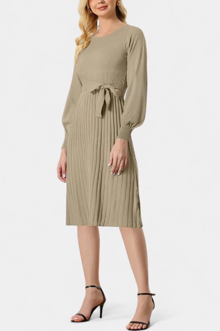 Chloéria Belted Midi Dress with Pleated Design and Ribbed Knit