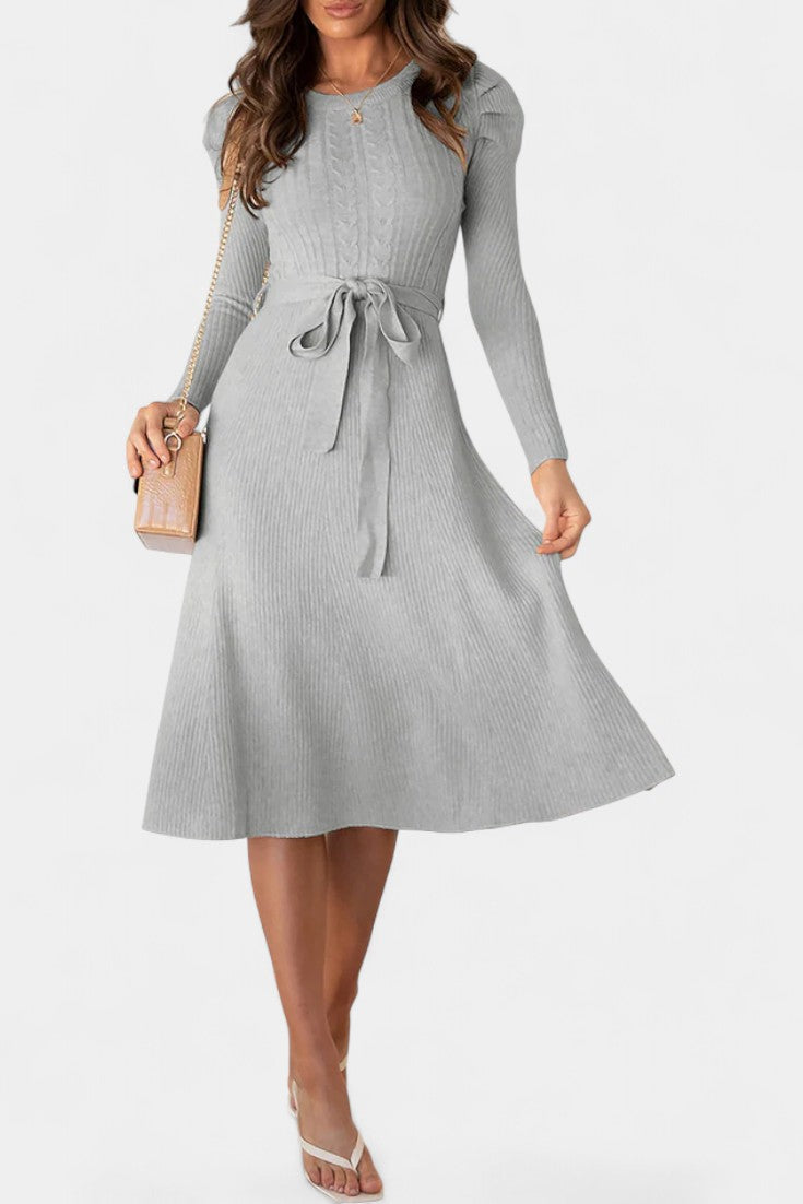 Évoria Puff Sleeve Midi Knit Dress with Lace Accents