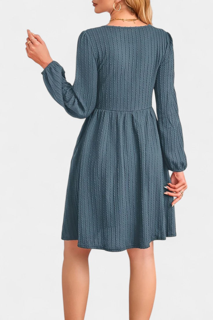 Dorothée Textured Flared Dress featuring Round Neck and Long Sleeves