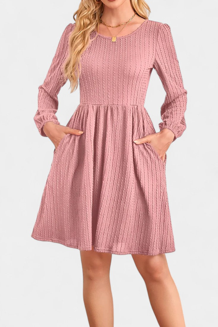 Dorothée Textured Flared Dress featuring Round Neck and Long Sleeves