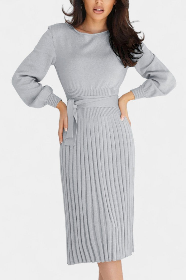 Chloéria Belted Midi Dress with Pleated Design and Ribbed Knit