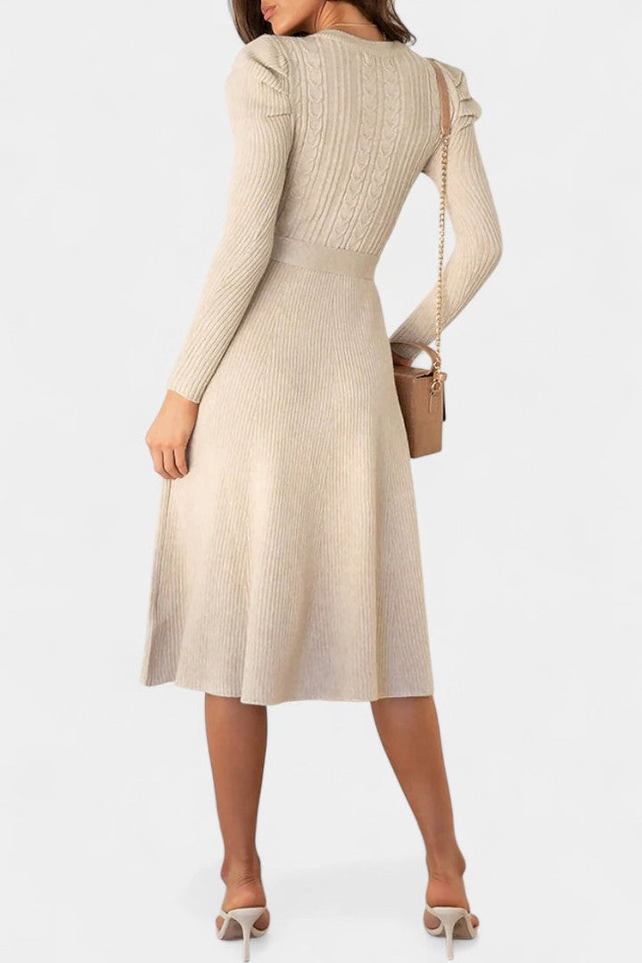 Évoria Puff Sleeve Midi Knit Dress with Lace Accents