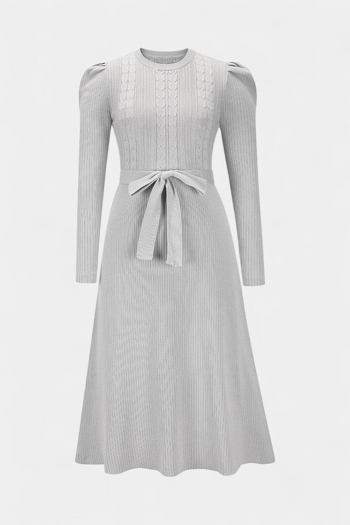 Évoria Puff Sleeve Midi Knit Dress with Lace Accents