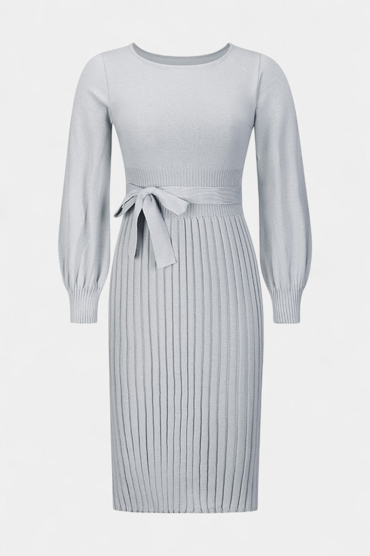 Chloéria Belted Midi Dress with Pleated Design and Ribbed Knit