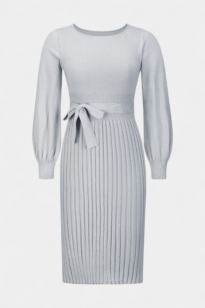Chloéria Belted Midi Dress with Pleated Design and Ribbed Knit