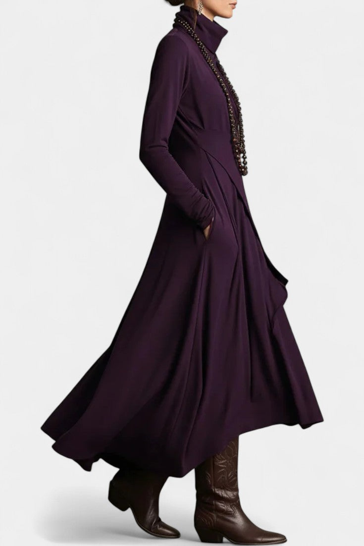Ébeline High-Collar Asymmetrical Pleated Maxi Dress