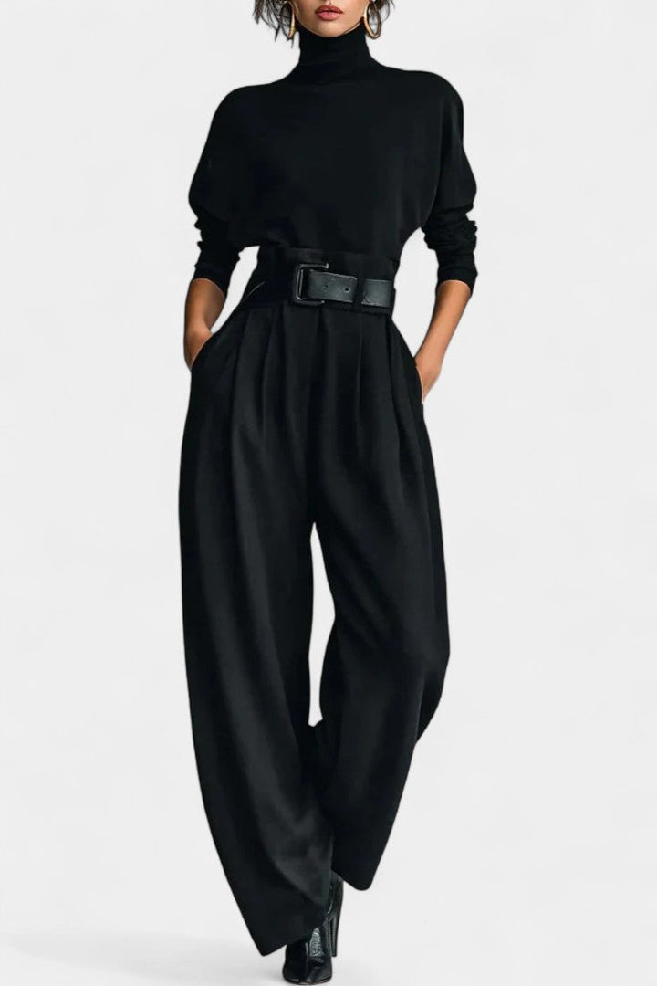 Erisen Black High-Collar Ensemble with Straight-Leg Trousers