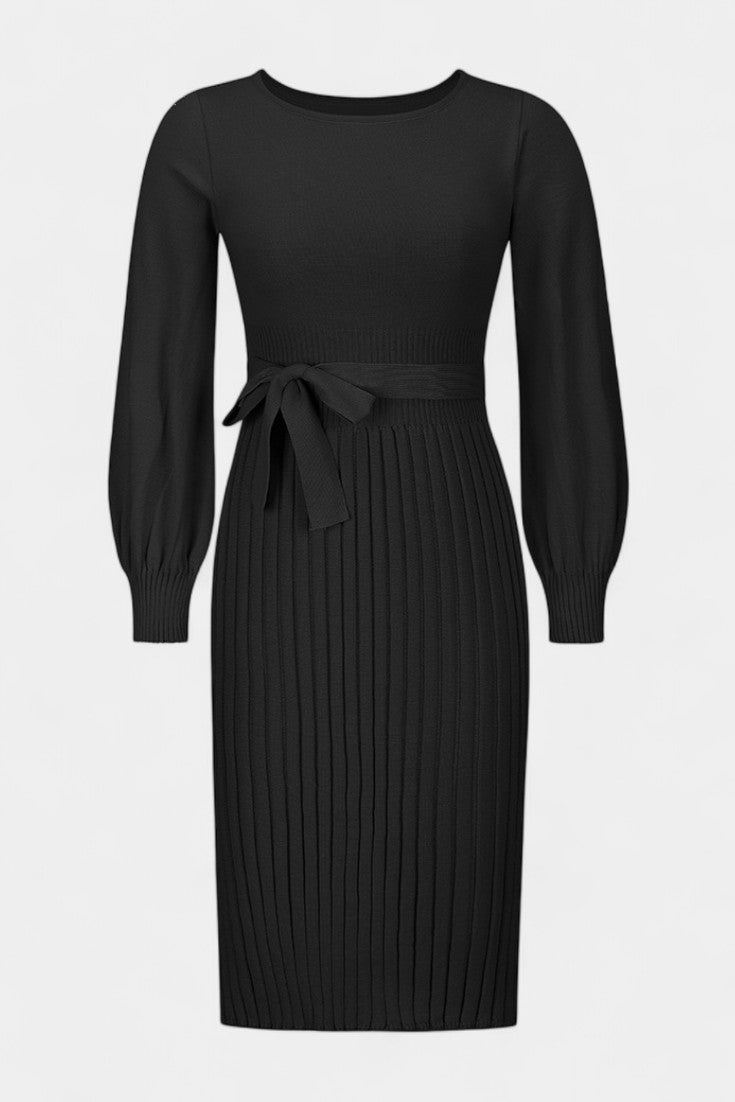 Chloéria Belted Midi Dress with Pleated Design and Ribbed Knit