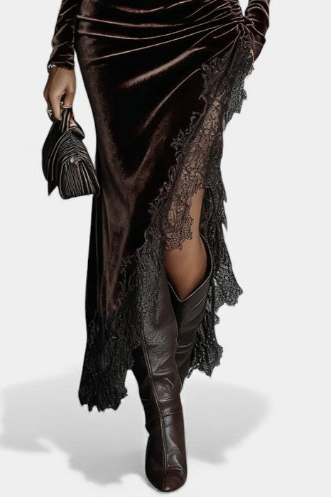 Mylène Asymmetrical Lace Hem Long Velvet Dress