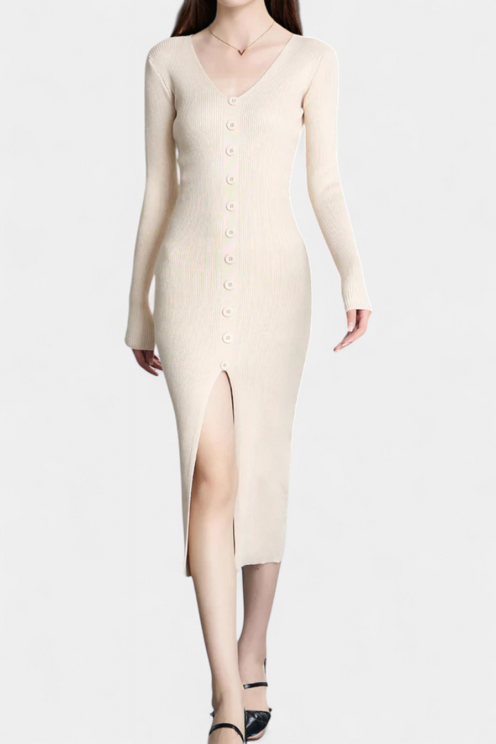 Nadège V-Neck Midi Knitted Dress with Chic Button Details