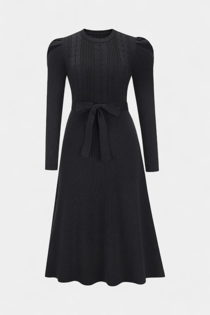 Évoria Puff Sleeve Midi Knit Dress with Lace Accents
