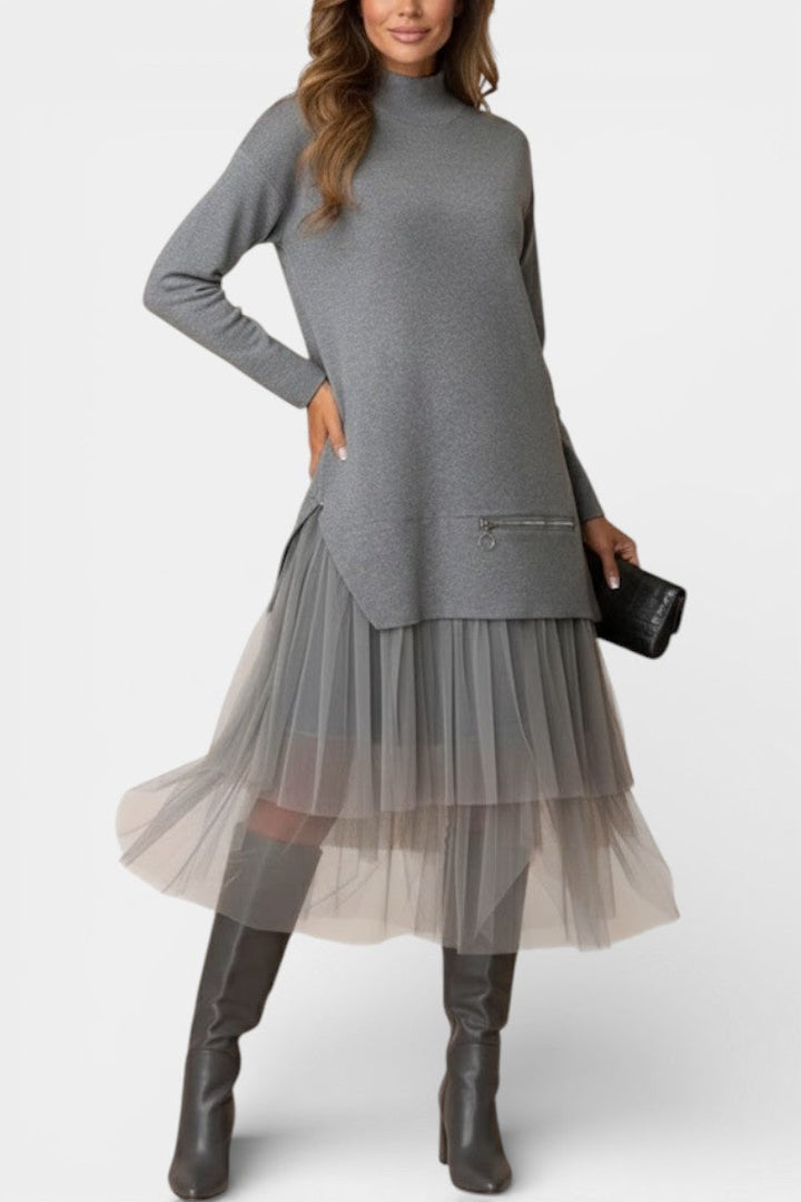High Collar Fiorenza Knit and Tulle Dress