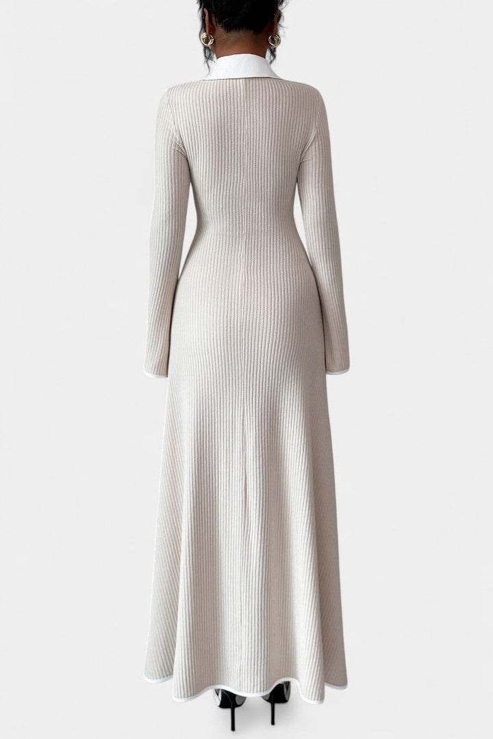 Élodiane Two-Tone Knit Maxi Dress with Collared Neckline