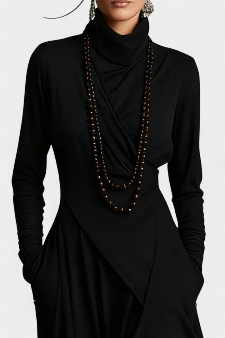 Ébeline High-Collar Asymmetrical Pleated Maxi Dress