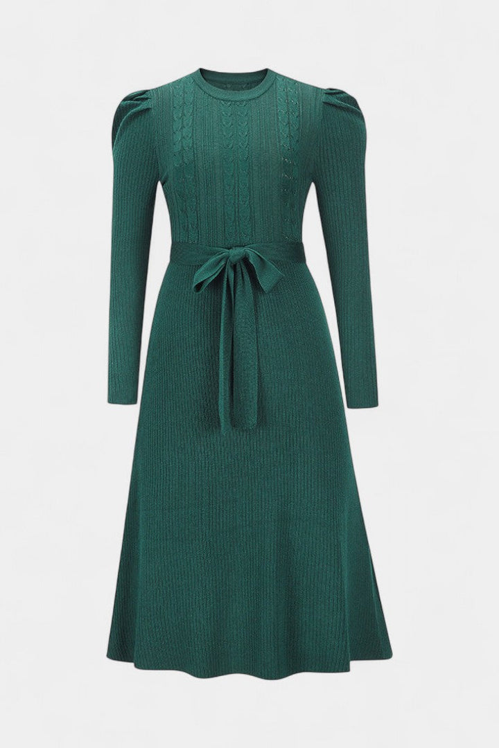 Évoria Puff Sleeve Midi Knit Dress with Lace Accents