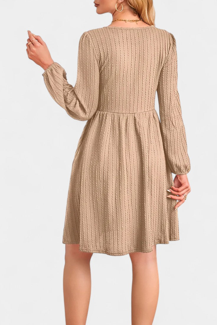 Dorothée Textured Flared Dress featuring Round Neck and Long Sleeves