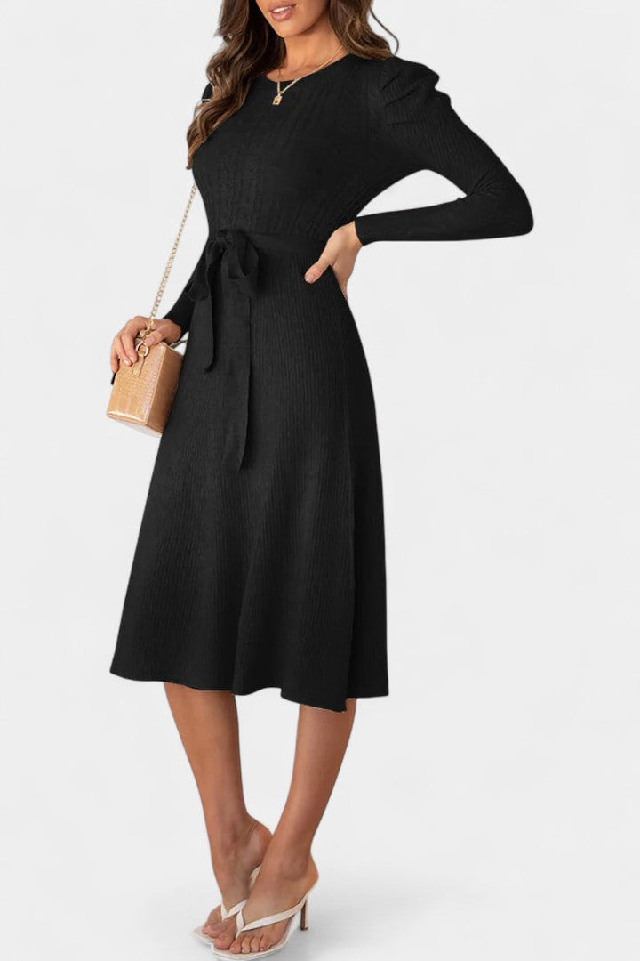 Évoria Puff Sleeve Midi Knit Dress with Lace Accents