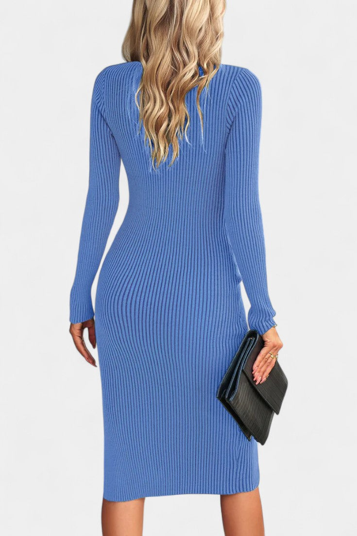 Élarine Fitted Midi Dress with Ribbed Texture and Side Slit