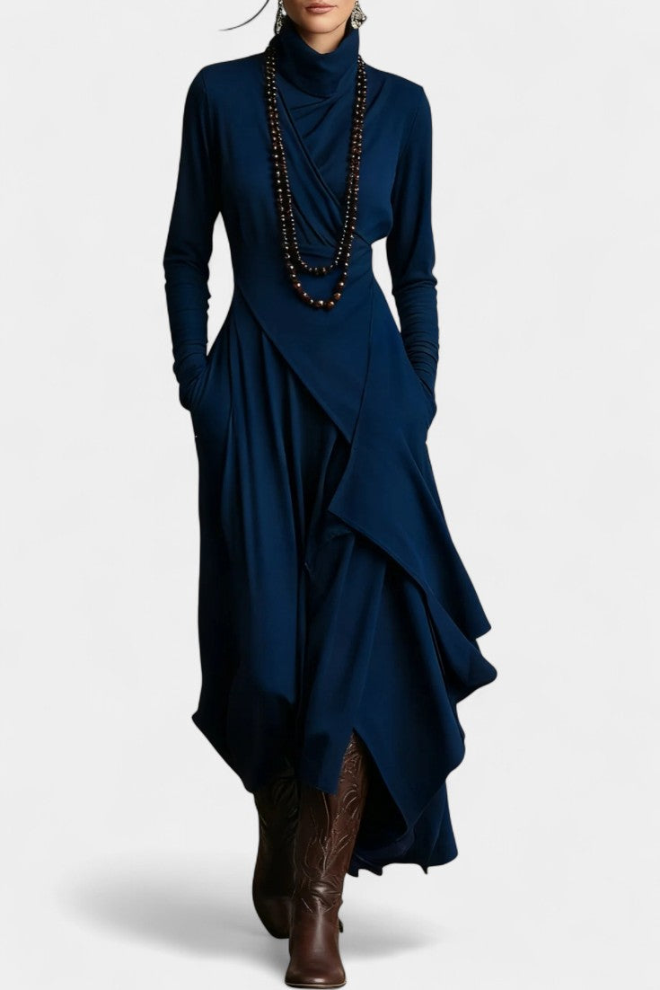 Ébeline High-Collar Asymmetrical Pleated Maxi Dress