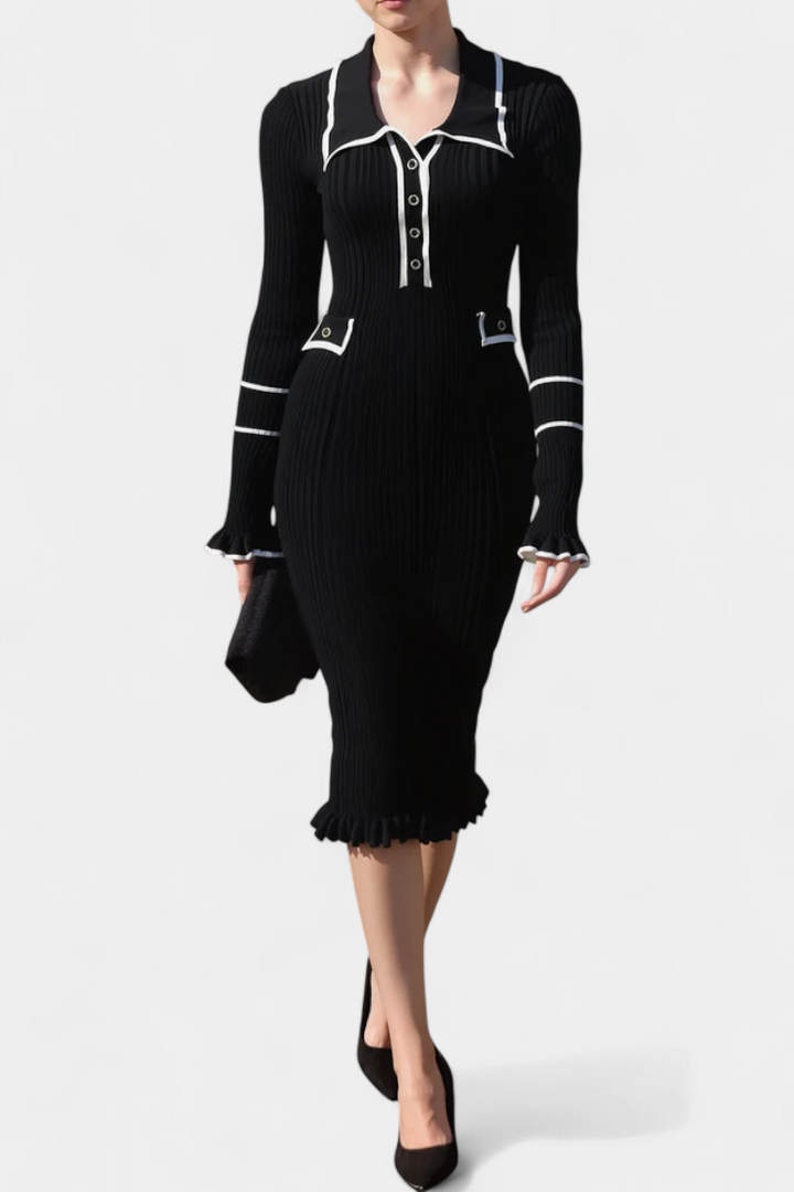 Jamila Polo Collar Knit Dress with Chic Ruffles