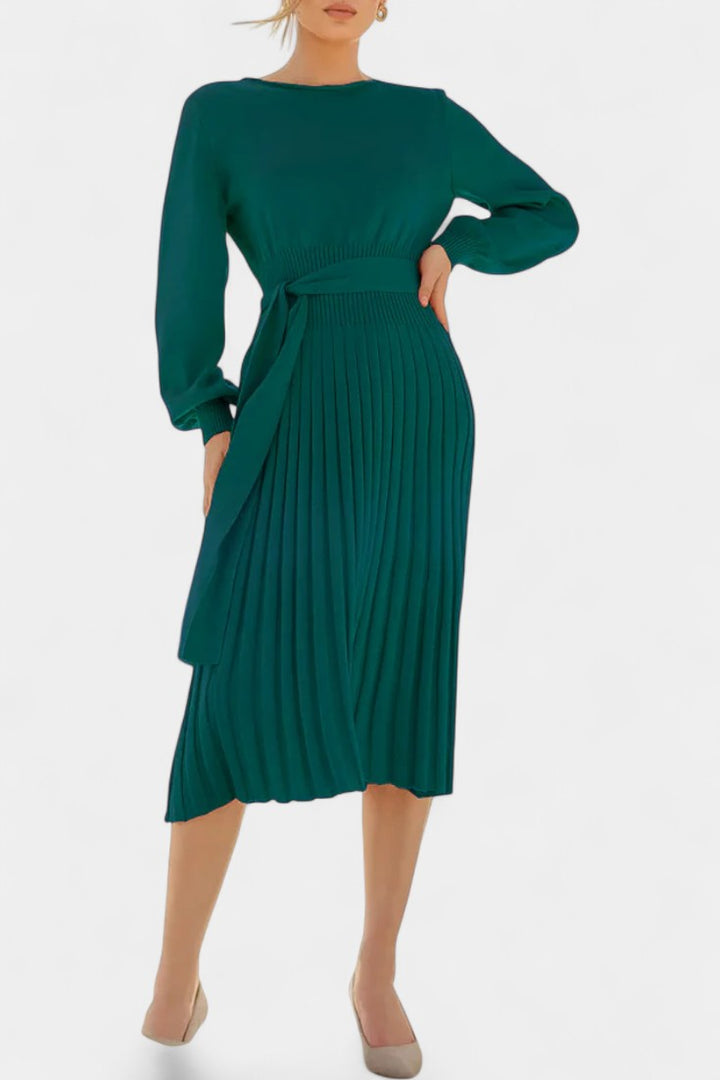 Chloéria Belted Midi Dress with Pleated Design and Ribbed Knit