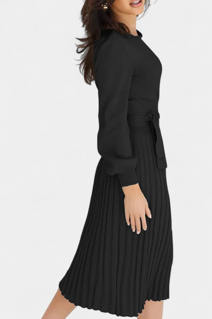 Chloéria Belted Midi Dress with Pleated Design and Ribbed Knit
