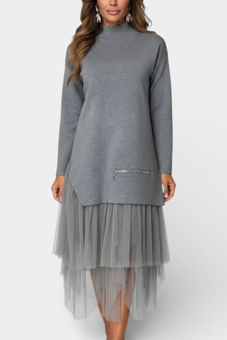 High Collar Fiorenza Knit and Tulle Dress
